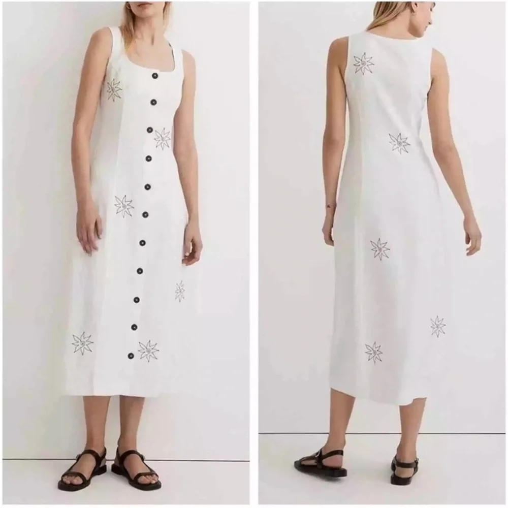 Madewell Linen Embroidered Button Front Midi Dress White Black Size 4 NWT - Picture 1 of 7